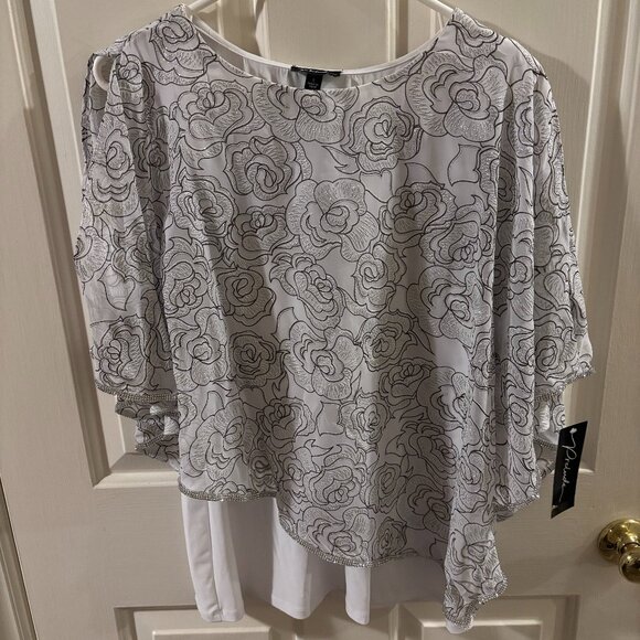 Prelude Women's Floral Glitter Print Overlay Top with Rhinestone ~ NWT ~ Large - Picture 1 of 13